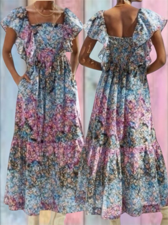 Anthropologie Dresses & Skirts - Anthropologie Blue Black Pink Floral Embroidery Ruffle Eyelet Lined Maxi Dress